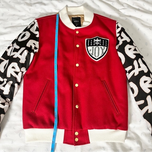 Joyrich Retro Y2K 90s Graffiti Wool Blend Varsity Letterman Red Bomber Jacket, M - Picture 13 of 16